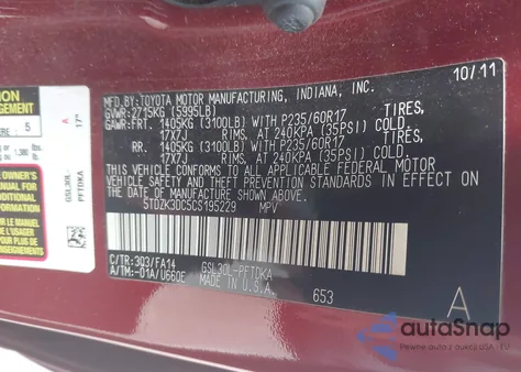 2012 Toyota Sienna Base V6 7 Passenger z USA, uszkodzony, nr VIN 5TDZK3DC5CS195229